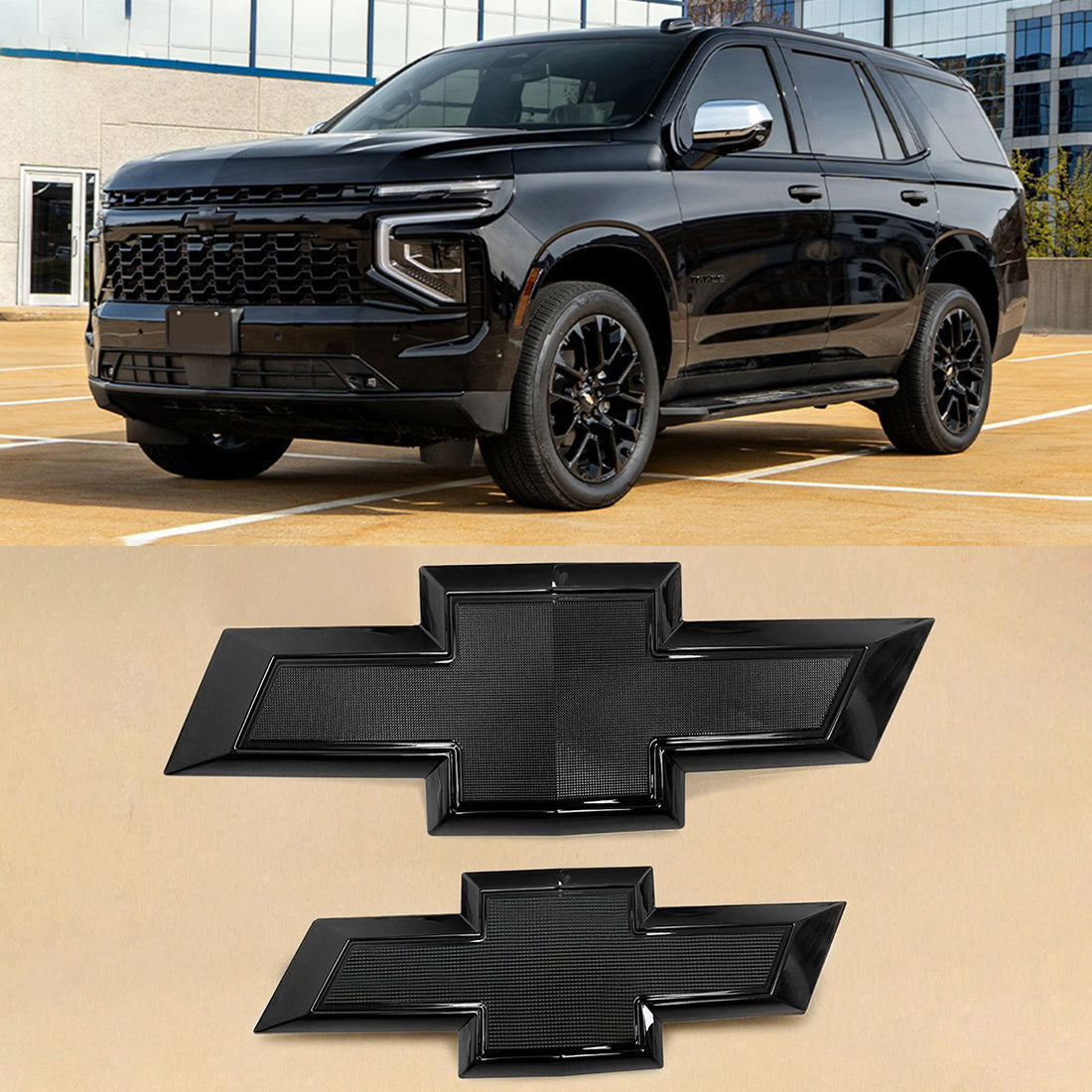 Grille & Tailgate Bowtie Emblem Badge for 2021-2026 Tahoe Suburban (Chrome / Gloss Black) 2-pack