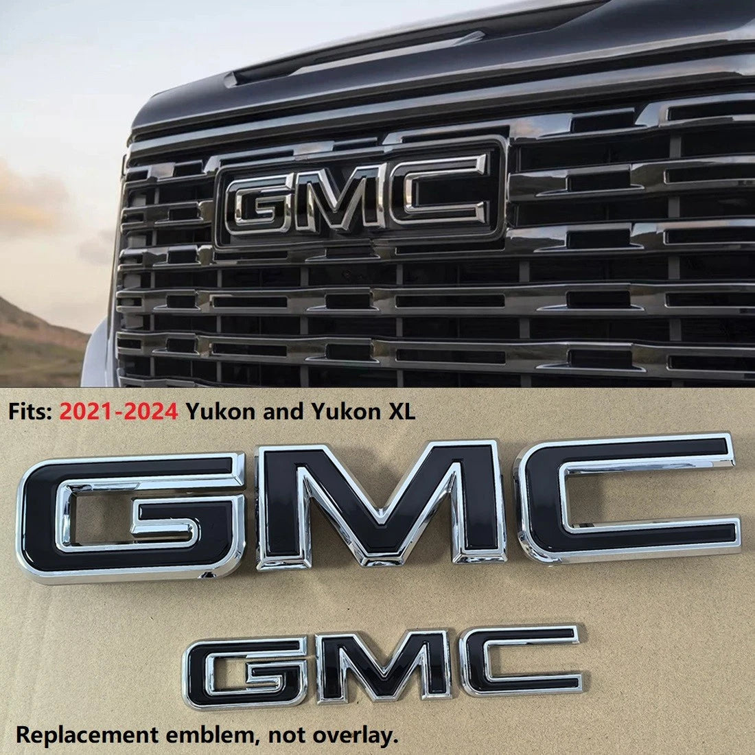 Emblem Kit for 2021-2024 GMC Yukon (XL) AT4 Front Grille & Tailgate (Chrome / Gloss Black) 6-pack