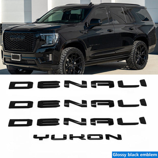 Custom Three Denali plus Tailgate Yukon 3D Letter Badge Replacement for 19-25 GMC Yukon Denali 84828685 Gloss Black Set of 4pack