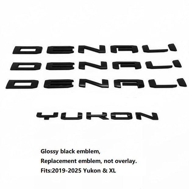 Custom Three Denali plus Tailgate Yukon 3D Letter Badge Replacement for 19-25 GMC Yukon Denali 84828685 Gloss Black Set of 4pack