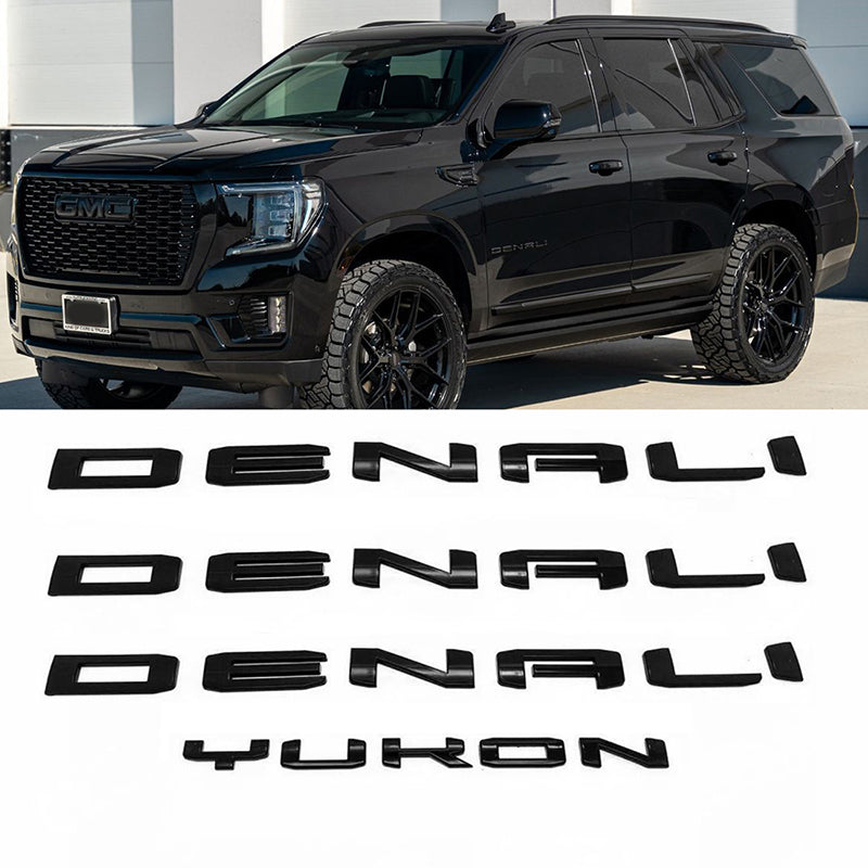 Custom Three Denali plus Tailgate Yukon 3D Letter Badge Replacement for 19-25 GMC Yukon Denali 84828685 Gloss Black Set of 4pack