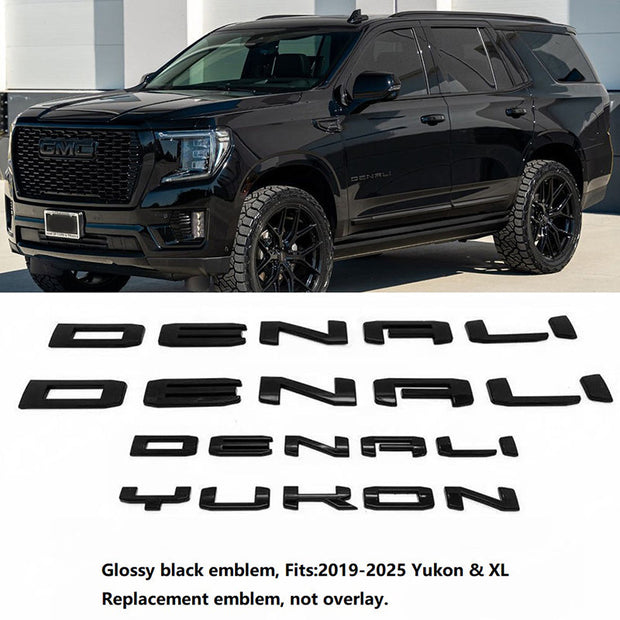 Custom Two Denali plus Tailgate Denali Yukon Emblem Replacement for 19-25 GMC Yukon Denali 84828685 Gloss Black Set of 4pack