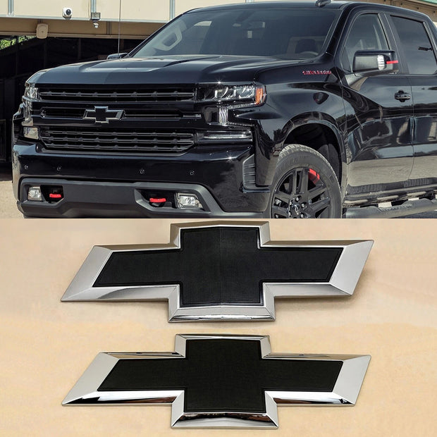 Grille & Tailgate Bowtie Emblem Badge for 2019-2021 Silverado 1500 (Chrome / Gloss Black) 2-pack