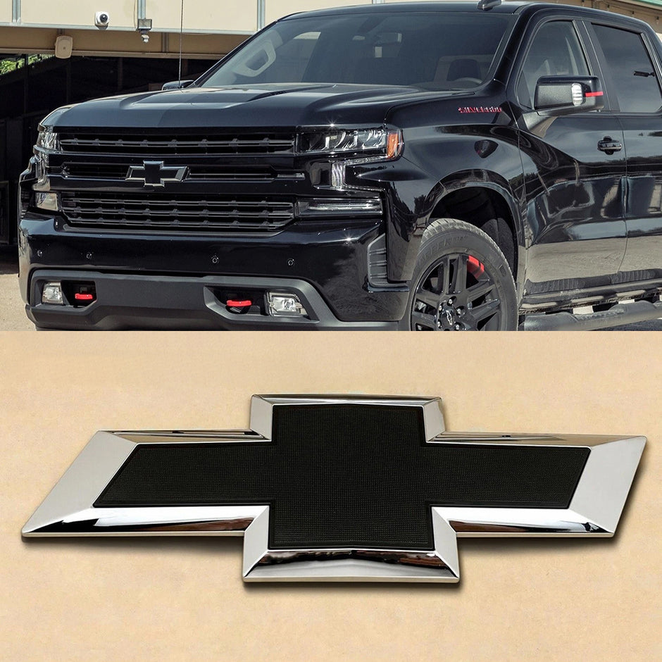 Grille Badge Bowtie Emblem for 2019-2021 Chevrolet Silverado 1500 (Chrome / Gloss Black) 1-pack