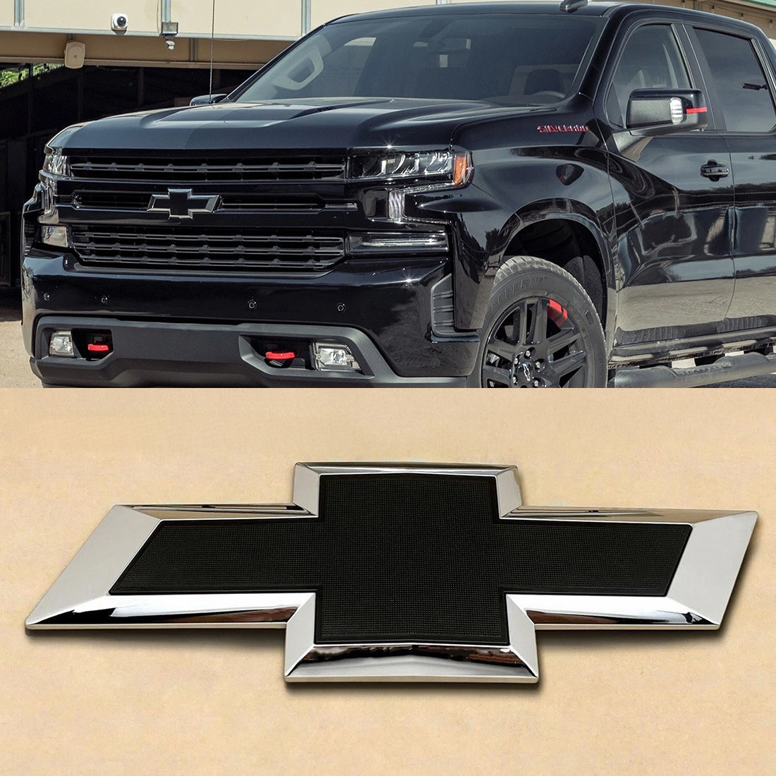 Grille Badge Bowtie Emblem for 2019-2021 Chevrolet Silverado 1500 (Chrome / Gloss Black) 1-pack