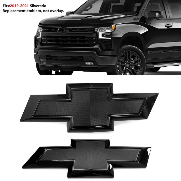 Grille & Tailgate Bowtie Emblem Badge for 2019-2021 Silverado 1500 (Chrome / Gloss Black) 2-pack