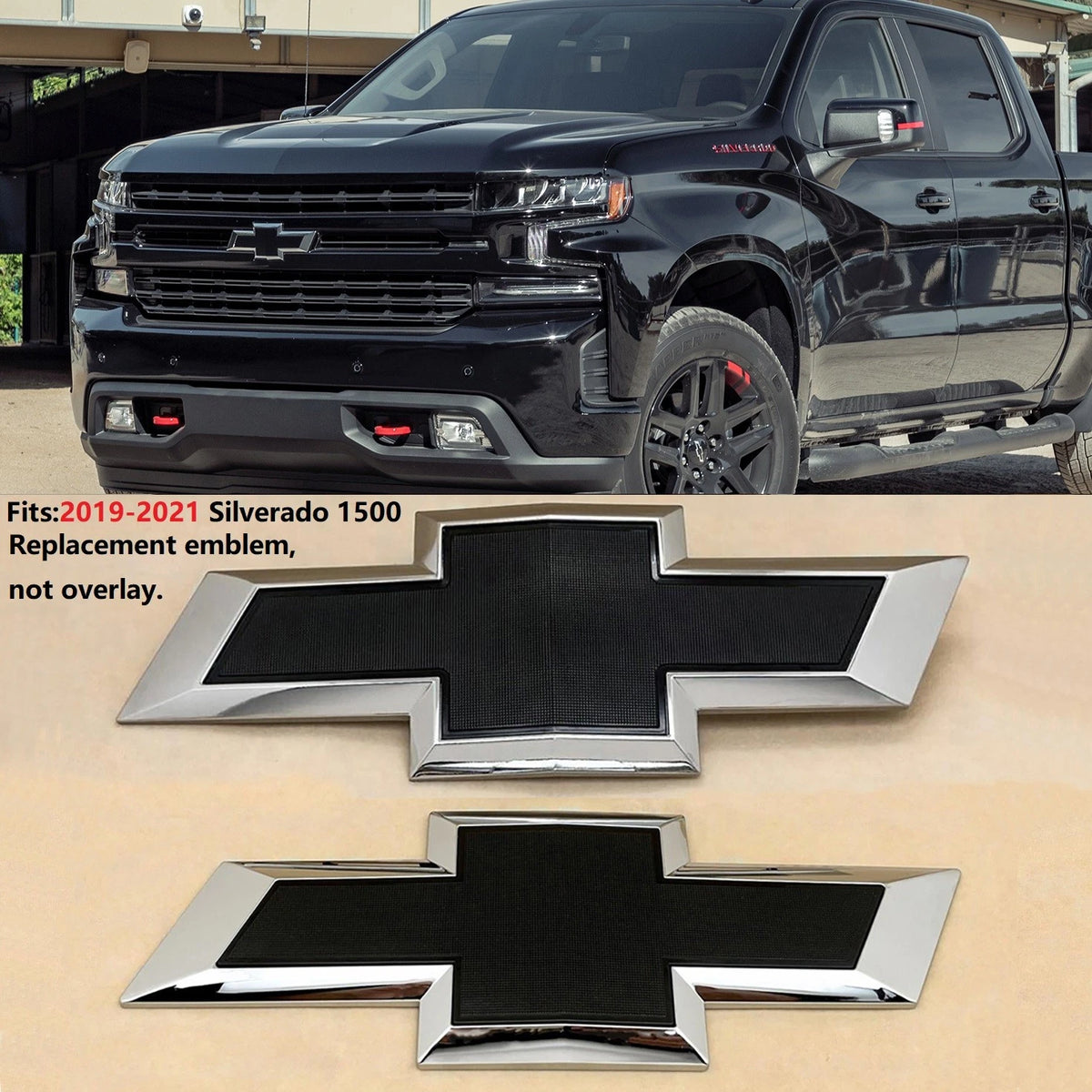 Grille & Tailgate Emblems for 2019-2021 Silverado 1500 Bowtie Badges (Chrome / Gloss Black) 2-pack