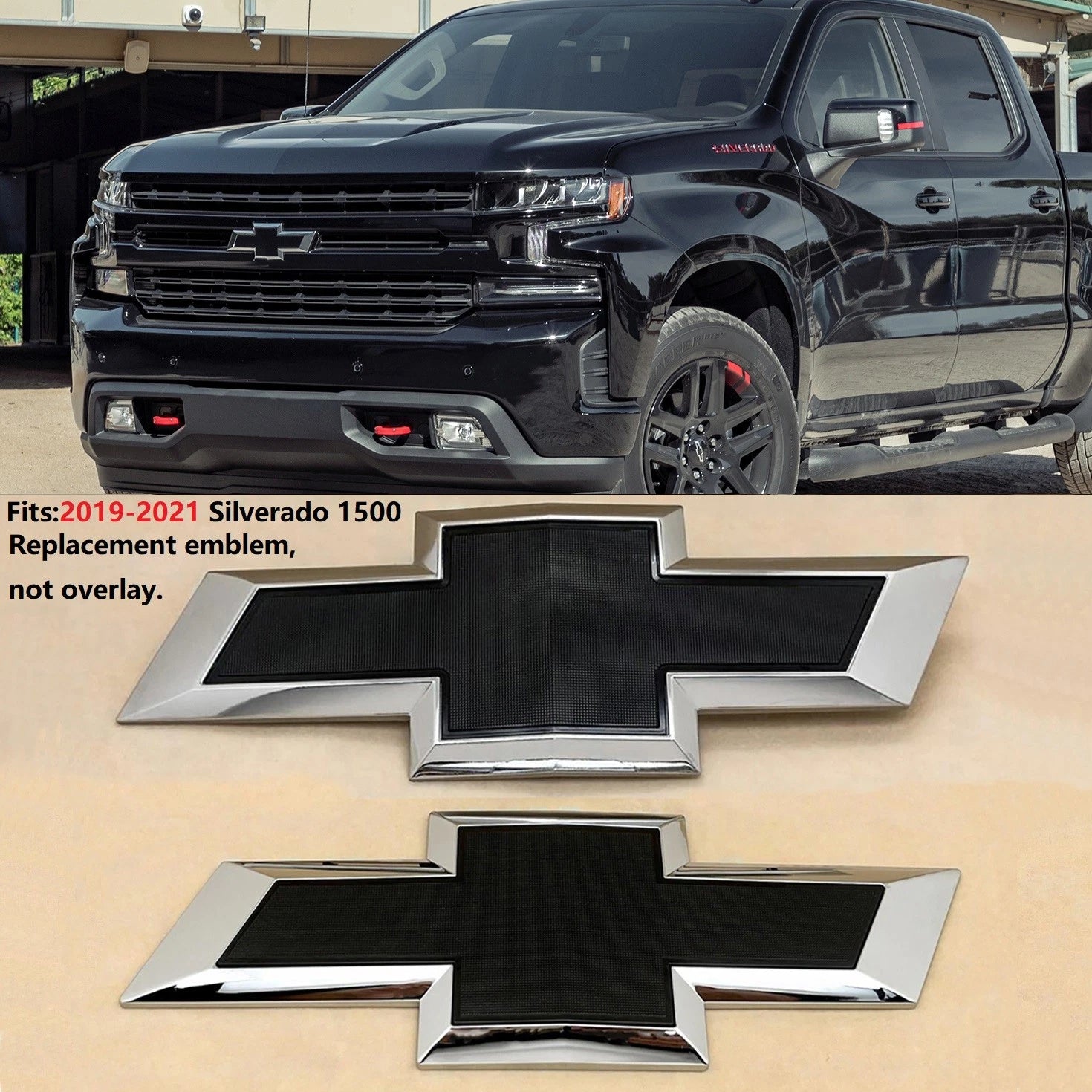 Grille & Tailgate Bowtie Emblem Badge for 2019-2021 Silverado 1500 (Chrome / Gloss Black) 2-pack