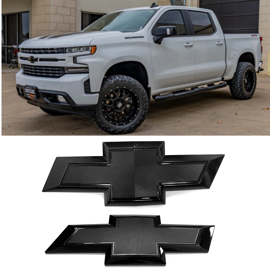 Grille & Tailgate Emblems for 2019-2021 Silverado 1500 Bowtie Badges (Chrome / Gloss Black) 2-pack