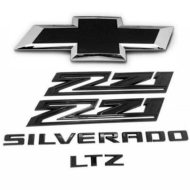 Custom Chevrolet Front Grille Bowtie Z71 LTZ Emblems Badge Replacement for Silverado 1500 (Chrome / Gloss Black) 5pack