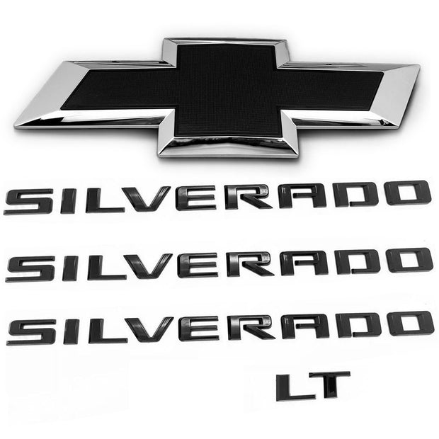 Front Grille Bowtie LT 3D Emblem Replacement for 2022-2025 Chevrolet Silverado 1500 (Chrome / Gloss Black) 5pack