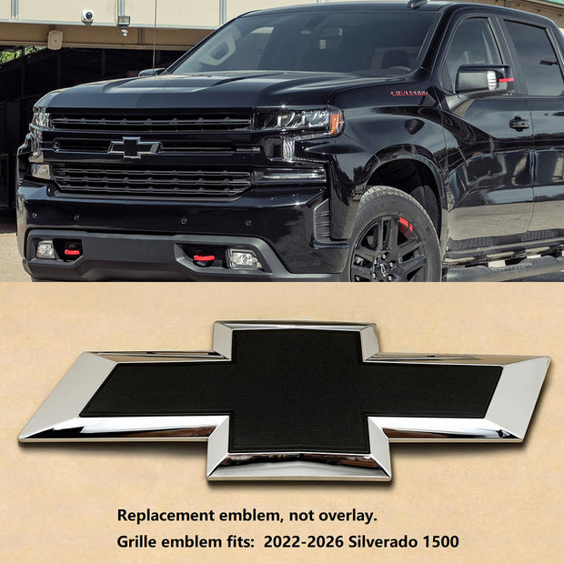 Front Grille Bowtie Emblem for 2022-2026 Chevrolet Silverado 1500 (Chrome / Gloss Black) 1pack