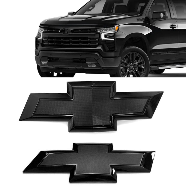 Front Grille Rear Tailgate Bowtie Emblem Replacement for 2022-2025 Chevrolet Silverado 1500 (Chrome / Gloss Black) 2pack