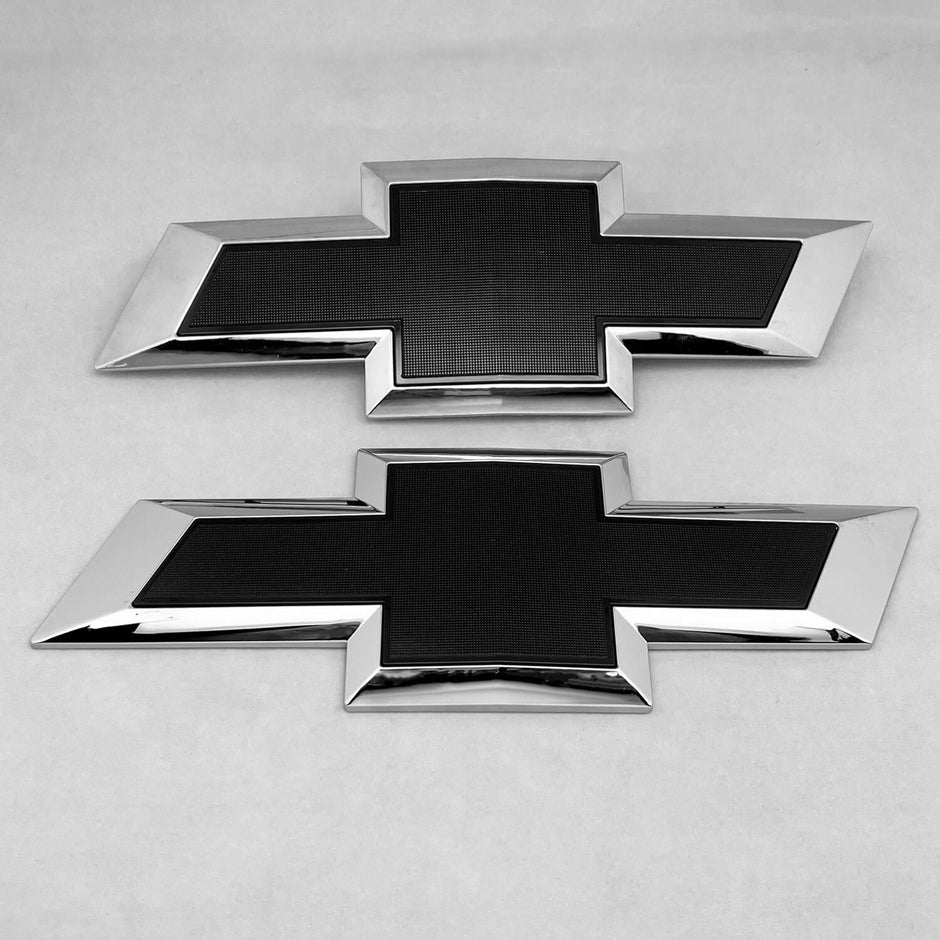 Front Grille Rear Tailgate Bowtie Emblem Replacement for 2022-2025 Chevrolet Silverado 1500 (Chrome / Gloss Black) 2pack