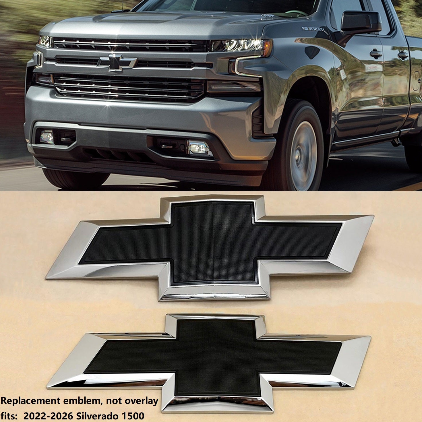 Front Grille Rear Tailgate Bowtie Emblem Replacement for 2022-2025 Chevrolet Silverado 1500 (Chrome / Gloss Black) 2pack