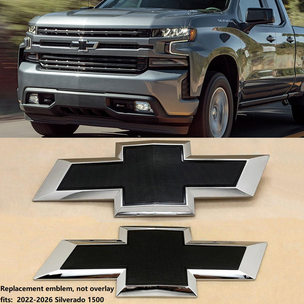 Front Grille Rear Tailgate Bowtie Emblem Replacement for 2022-2025 Chevrolet Silverado 1500 (Chrome / Gloss Black) 2pack