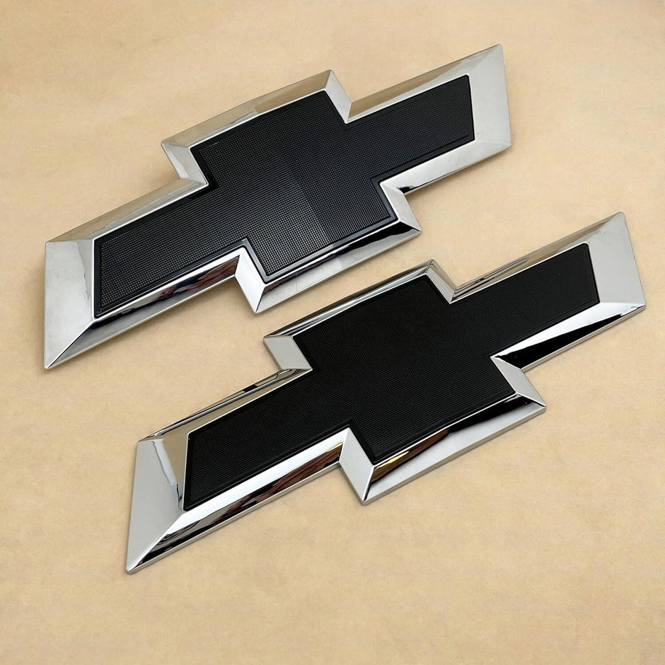 Front Grille Rear Tailgate Bowtie Emblem Replacement for 2022-2025 Chevrolet Silverado 1500 (Chrome / Gloss Black) 2pack