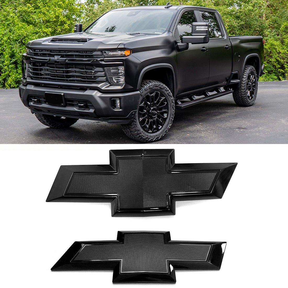 Grille & Tailgate Bowtie Emblem for 2020-2026 Silverado 2500HD 3500HD (Chrome / Gloss Black) 2-pack