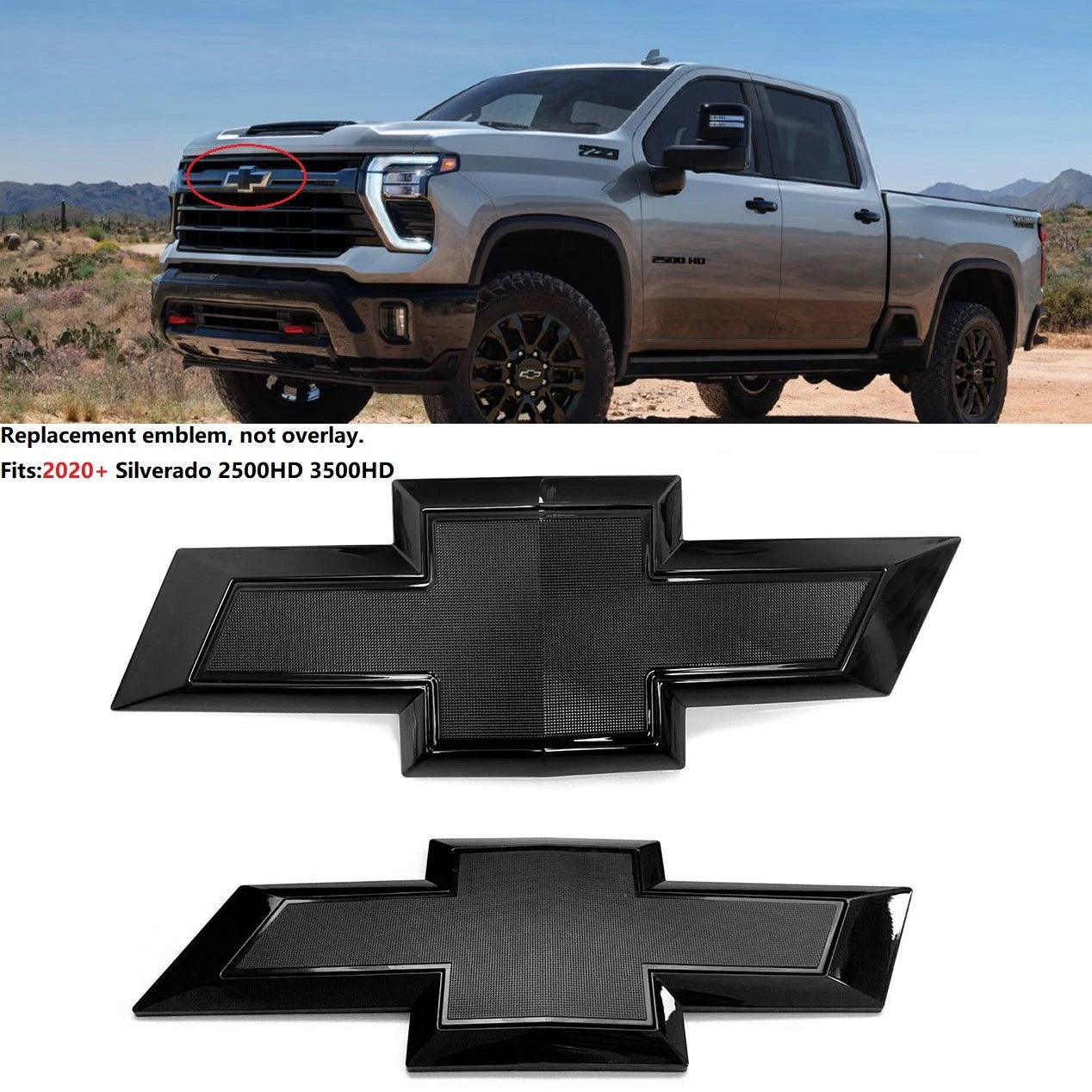 Grille & Tailgate Bowtie Emblems for 2020-2026 Silverado 2500HD 3500HD (Chrome / Gloss Black) 2-pack