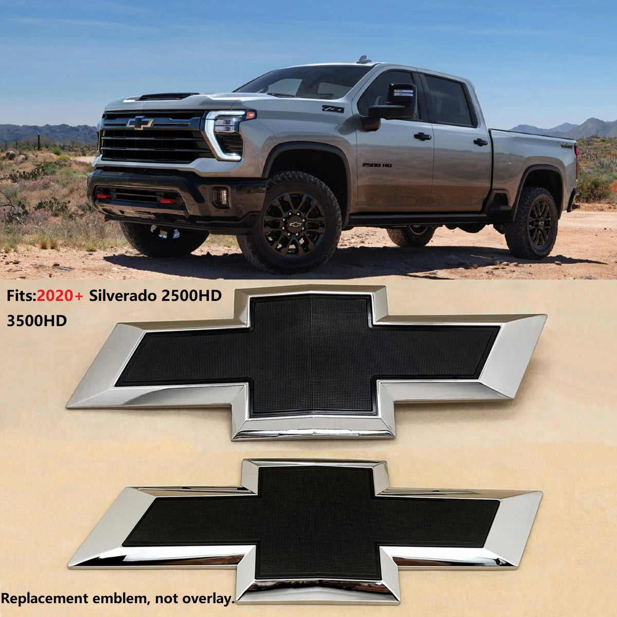 Grille & Tailgate Bowtie Emblems for 2020-2026 Silverado 2500HD 3500HD (Chrome / Gloss Black) 2-pack