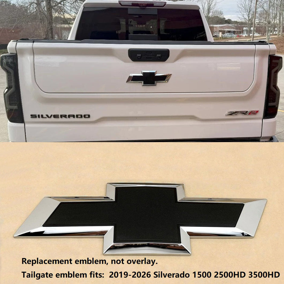 Tailgate Rear Bowtie Emblem for 2019-2026 Silverado 1500 2500HD 3500HD (Chrome / Gloss Black) 1pack