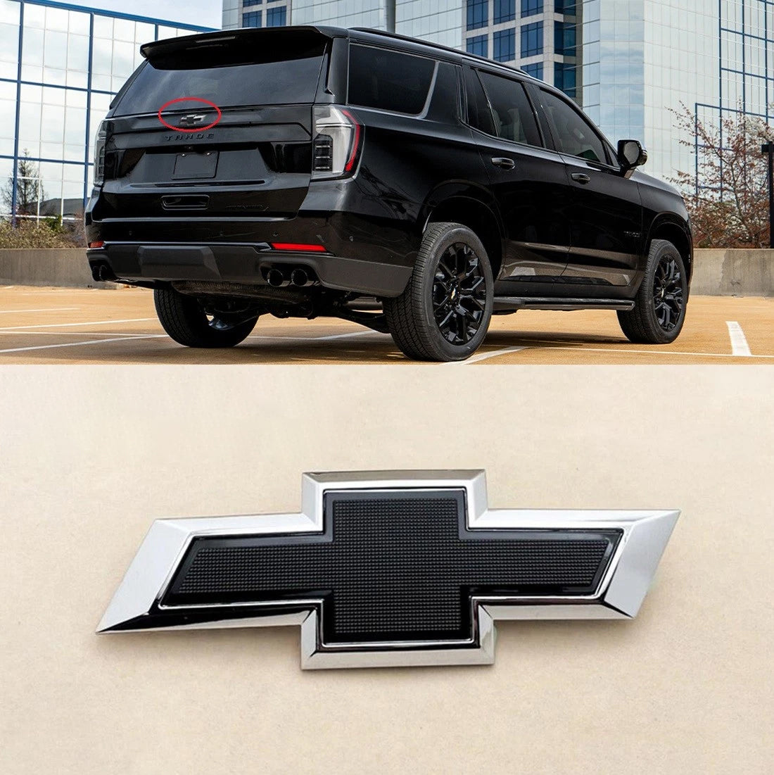 Tailgate Rear Bowtie Emblem for 2021-26 Chevrolet Tahoe Suburban Badge (Chrome / Gloss Black) 1-pack