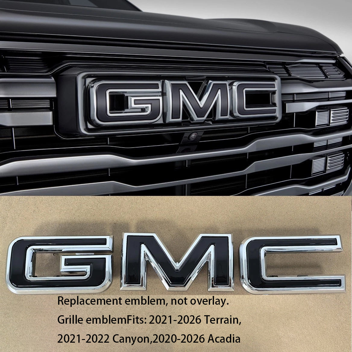 Front Grille GMC Emblem for 2021–2026 Terrain Acadia 2021–2022 Canyon (Chrome / Gloss Black) 1-pack