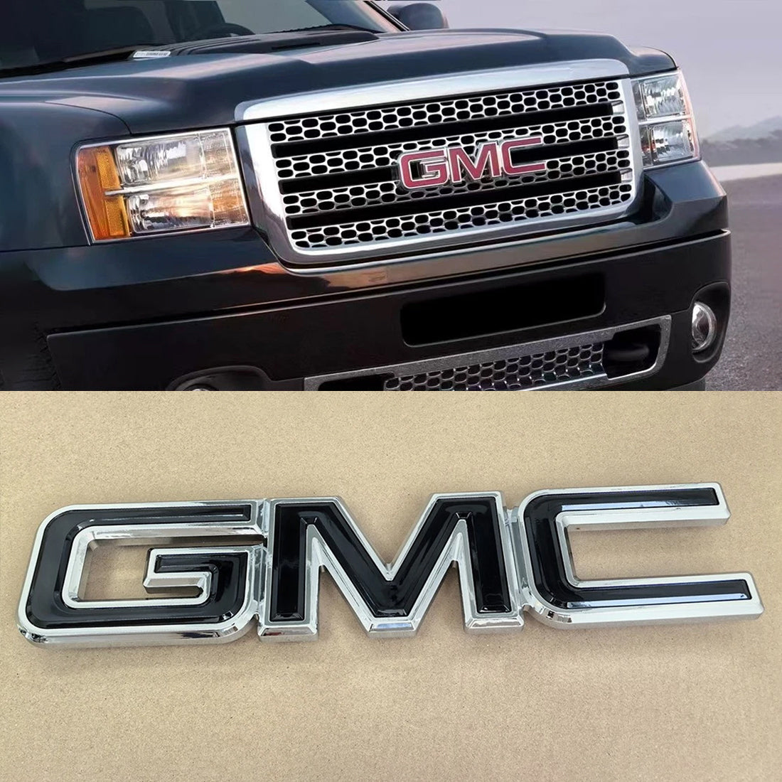 Front Grille GMC Emblem for 2007–2013 Sierra 1500 2500HD 3500HD Badge (Chrome / Gloss Black)