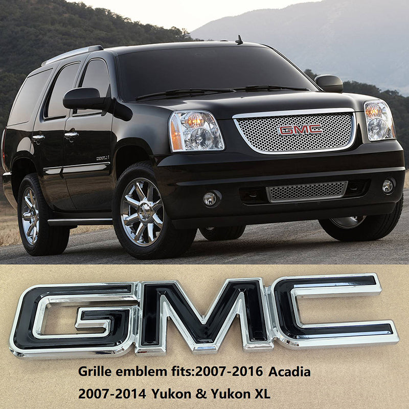 Big Front Grille Emblem 3D Plastic Badge Replacement for 2007-2014 GMC Yukon (XL) 2007-2016 Acadia 15126352 (Chrome / Gloss Black)1pack