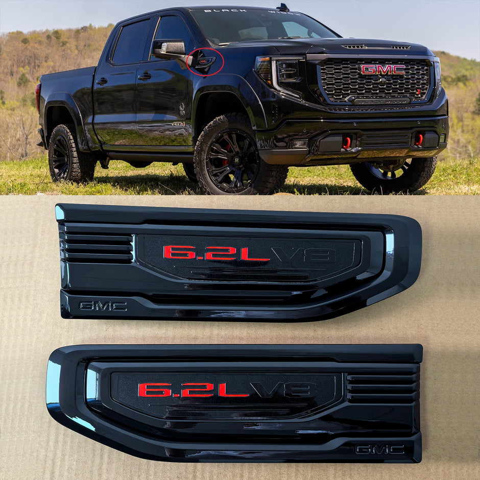 6.2L V8 Fender Vent Emblem Set for 2019-2026 GMC Sierra 1500 86532094 (Black / Red)