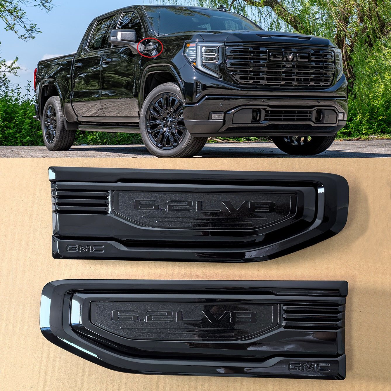 6.2L V8 Fender Vent Emblem Set for 2019-2026 GMC Sierra 1500 86532094 (Black / Red)