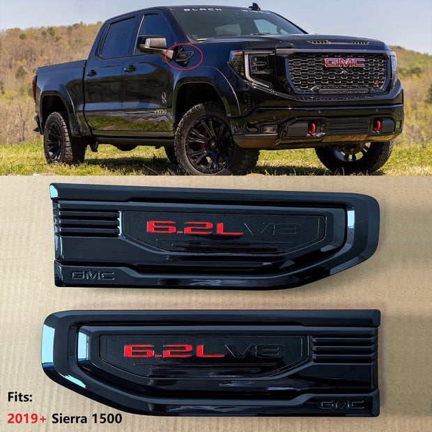 6.2L V8 Fender Vent Emblem Set for 2019-2026 GMC Sierra 1500 86532094 (Black / Red)