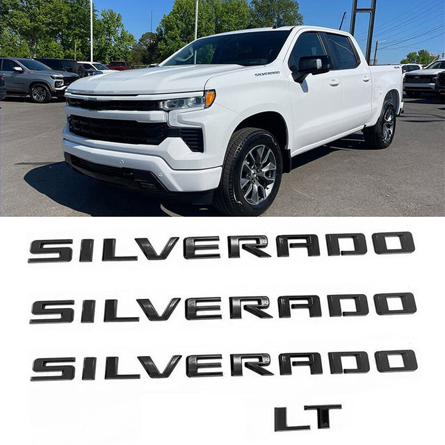 Nameplate with LT Emblem 3D Letters Badge Replacement for Silverado 1500 2500HD 3500HD 86539786 Gloss Black 4-pack