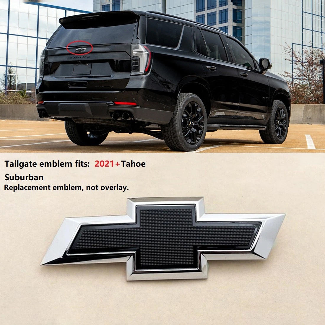 Tailgate Rear Bowtie Emblem for 2021-26 Chevrolet Tahoe Suburban Badge (Chrome / Gloss Black) 1-pack