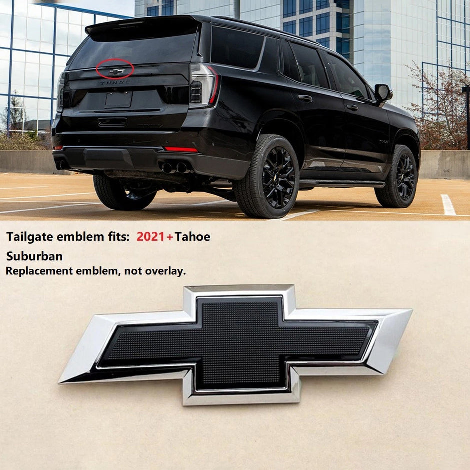 Tailgate Rear Badge Bowtie Emblem for 2021-2026 Chevrolet Tahoe Suburban (Chrome / Gloss Black) 1-pack