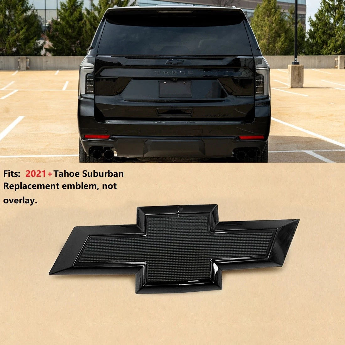 Tailgate Rear Badge Bowtie Emblem for 2021-2026 Chevrolet Tahoe Suburban (Chrome / Gloss Black) 1-pack