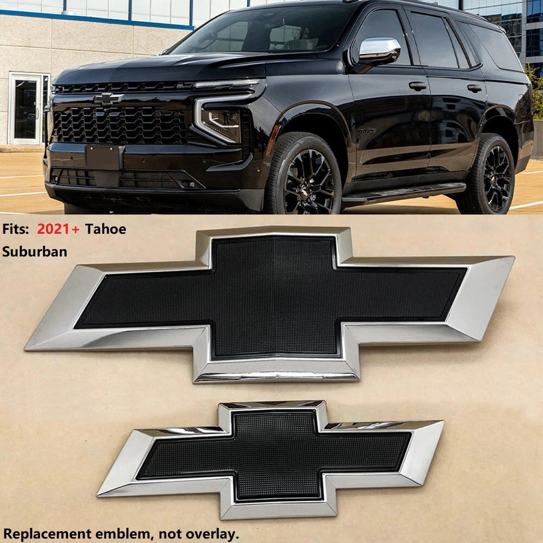 Grille Tailgate Bowtie Emblems for 2021-2026 Tahoe Suburban Badge Kit (Chrome / Gloss Black) 2-pack