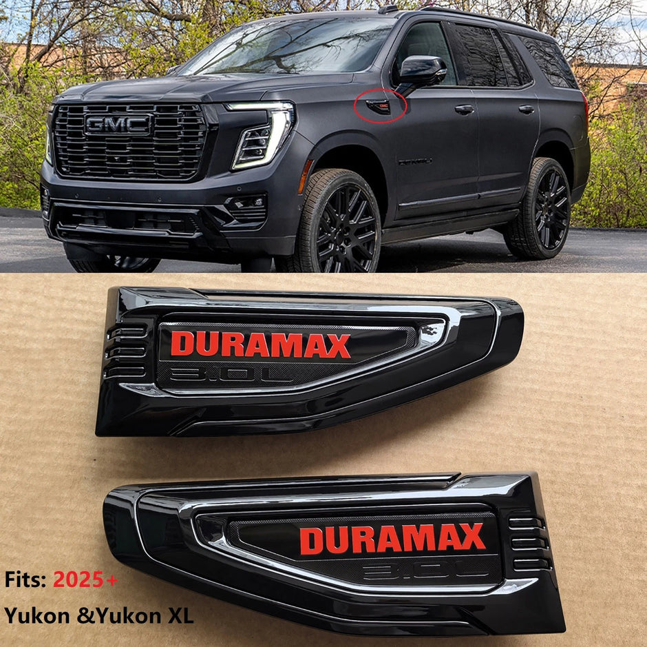 Duramax 3.0L Fender Vent Emblems for 2025–2026 GMC Yukon / Yukon XL Black/Red