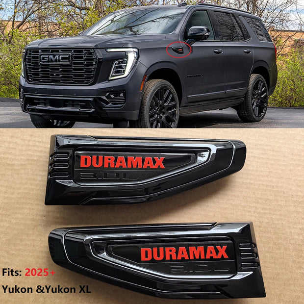 Duramax 3.0L Fender Vent Emblems for 2025–2026 GMC Yukon / Yukon XL Black/Red