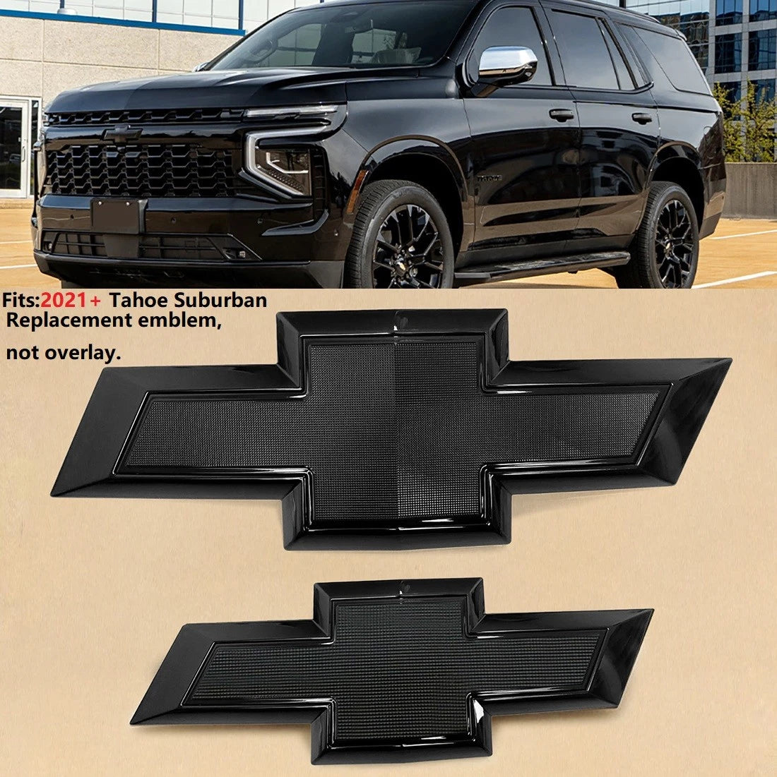 Grille & Tailgate Bowtie Emblem Badge for 2021-2026 Tahoe Suburban (Chrome / Gloss Black) 2-pack