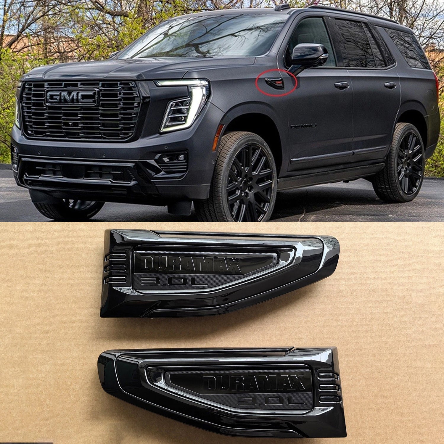 Duramax 3.0L Fender Vent Emblems for 2025–2026 GMC Yukon / Yukon XL Black/Red